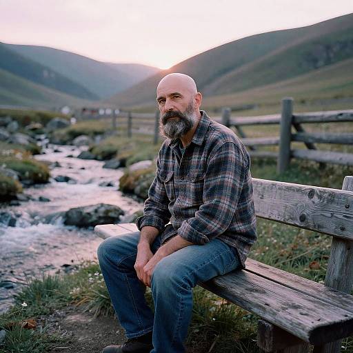 Bearded bald man in plaid shirt and jeans sits on wooden bench by flowing stream, mountains and sunset in background. Photograph.