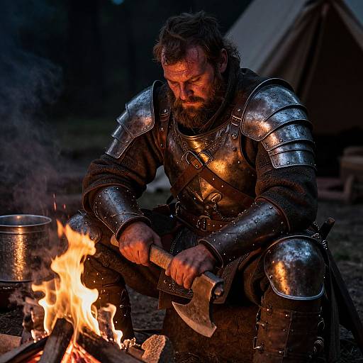Medieval warrior with metallic armor, dark beard, and intense focus, stirs fire with axe in front of a night camp. Photograph.