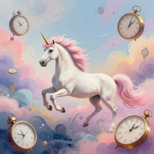 Digital fantasy artwork of a white unicorn with pink mane and tail, mid-leap, surrounded by floating vintage pocket watches against a dreamy, pastel