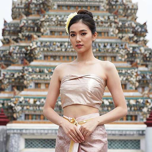 Young Asian Woman in Traditional Silk Outfit at Temple