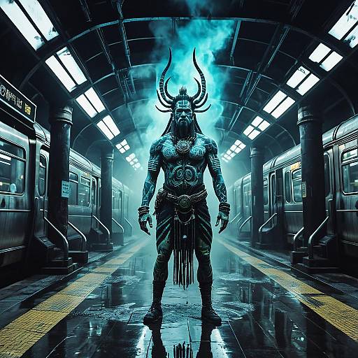 Futuristic Shaman in Foggy Subway Station