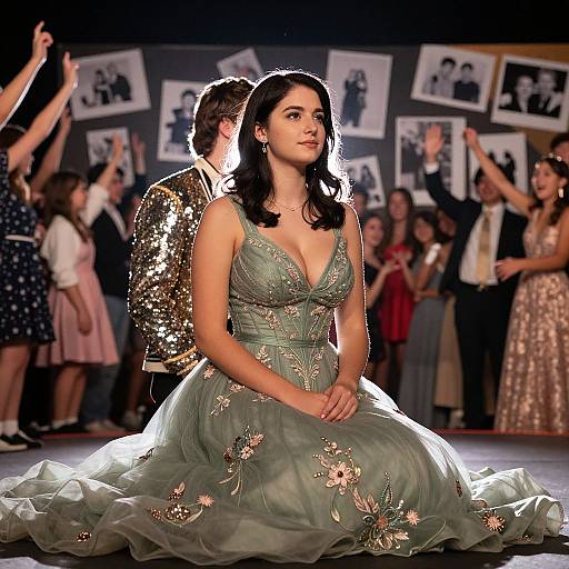 Photograph of a dark-haired woman in a green, floral-embellished, deep V-neck gown kneeling on stage, with a man in a