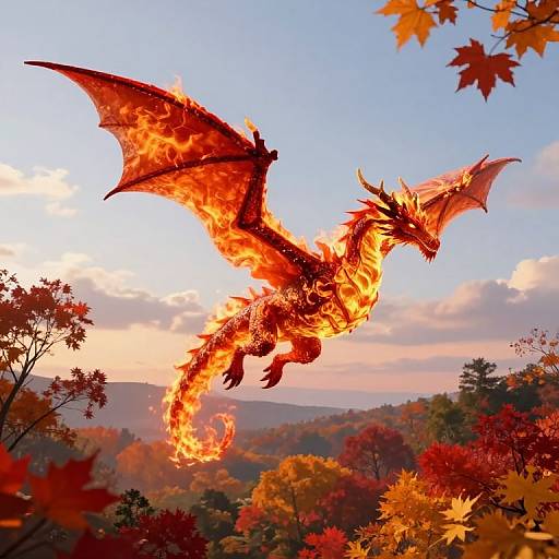 Photograph of a fiery red and orange dragon soaring through a vibrant autumn sky, surrounded by colorful fall foliage and distant hills.