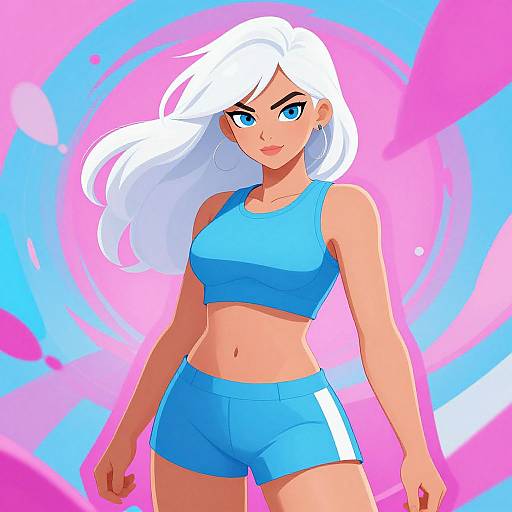 Digital anime-style drawing of a confident white-haired woman with blue eyes, wearing a blue sports bra and shorts, against a vibrant pink and blue spiral background