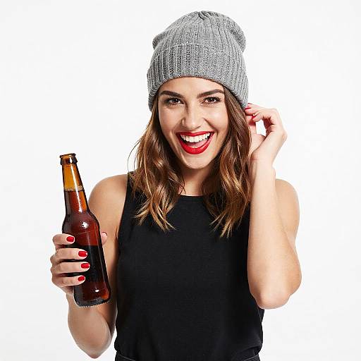 Smiling Woman Holding Beer Bottle