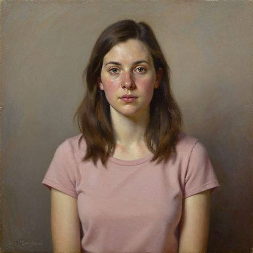 Realistic digital painting of a young woman with fair skin, brown eyes, and shoulder-length brown hair, wearing a pink t-shirt, against a plain