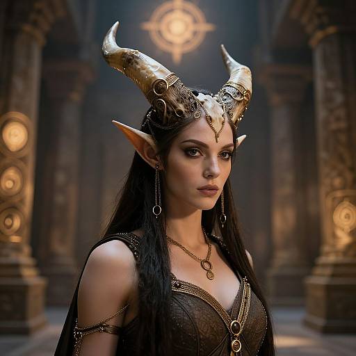 Digital artwork of a dark-haired, elfish woman with gold horns, intricate jewelry, and a dark, ornate dress in a glowing, medieval temple
