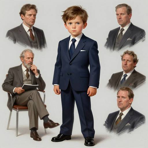 Photograph of a young boy in a dark blue suit, surrounded by six older men in similar dark suits, white shirts, and ties, against a