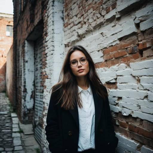 Young woman in glasses posing by brick wall