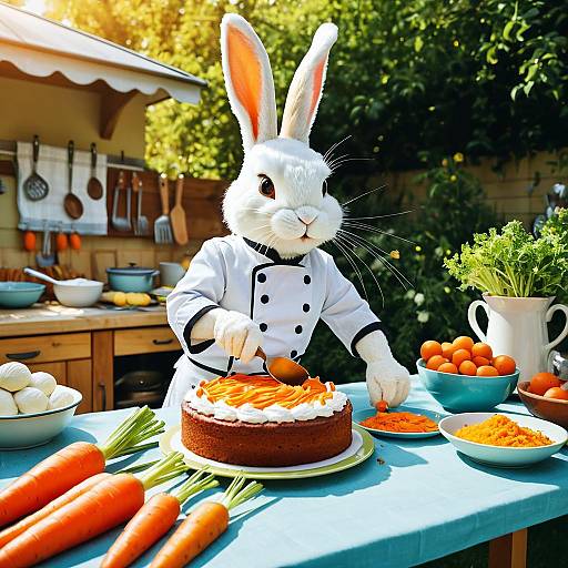Rabbit Pastry Chef Preparing Carrot Cake in Garden