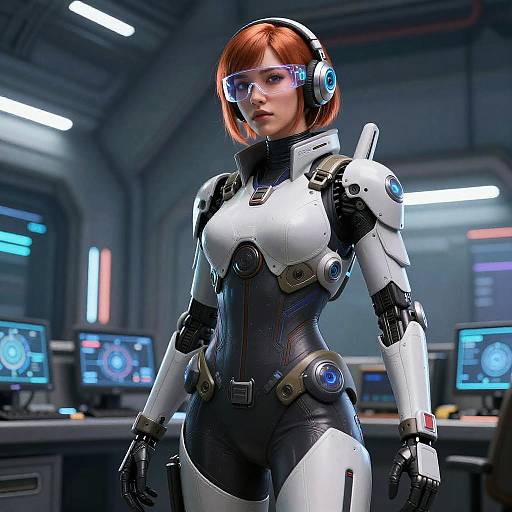 CGI image of a red-haired woman in a futuristic white and black robotic suit, wearing blue headphones, standing in a high-tech control room with glowing
