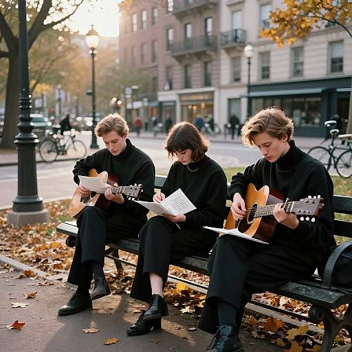 Three young men in black clothes, playing acoustic guitars on a sunlit, autumnal city bench, surrounded by fallen leaves and buildings. Photograph.