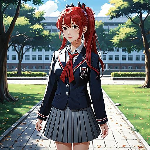 Anime-style illustration of a red-haired girl with twin tails in a navy school uniform and gray pleated skirt, standing on a sunlit path in a
