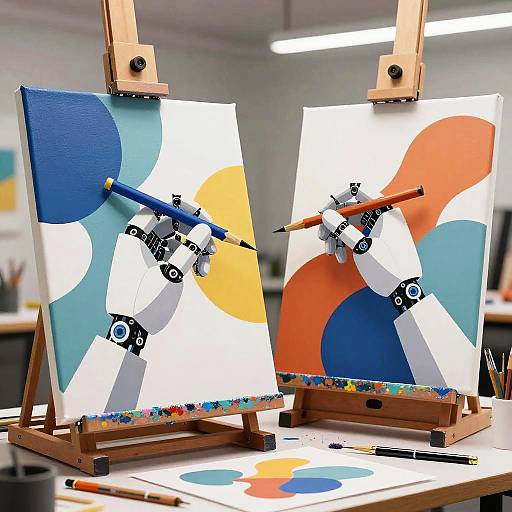 Photograph of two abstract paintings on wooden easels, each with colorful, geometric shapes and painted by robotic arms with brushes.