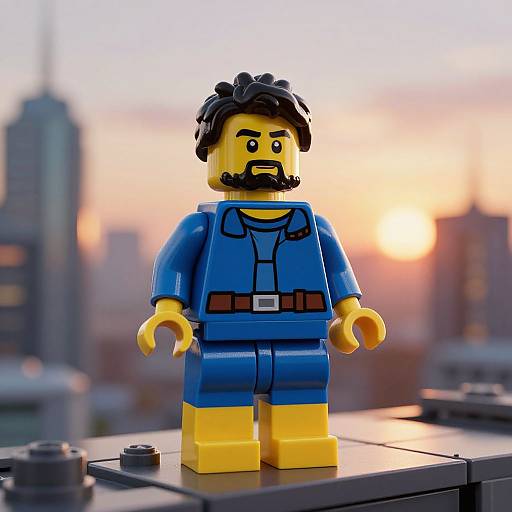 Photograph of a LEGO minifigure with yellow skin, black hair, beard, blue shirt, brown belt, and blue pants, set against a