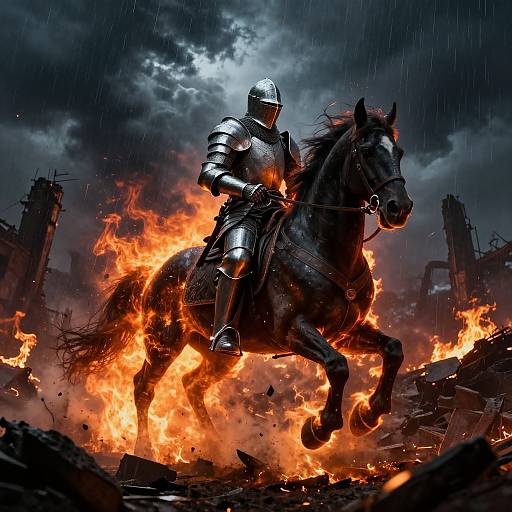 Photorealistic digital artwork of a armored knight on a galloping black horse, surrounded by intense orange flames and dark, stormy sky, amidst