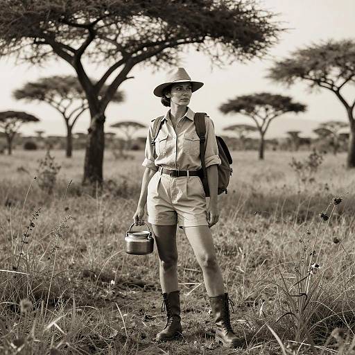 Black-and-white photograph of a woman in safari attire, holding a metal flask, standing in an African savanna with acacia trees. She wears a