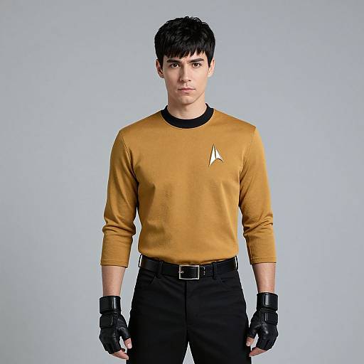 Photograph of a young Asian man with short black hair, wearing a mustard-yellow Star Trek shirt, black pants, and fingerless gloves, standing against