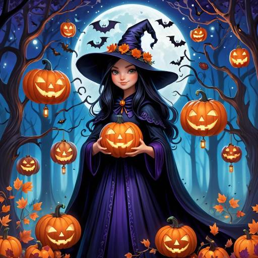 Whimsical Halloween Witch in Moonlit Forest