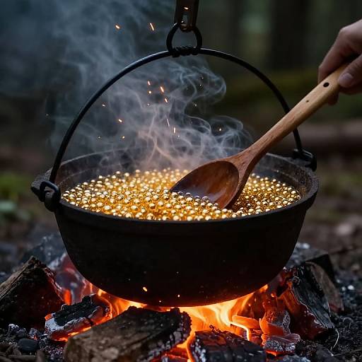 Photograph of a black metal pot filled with glowing yellow peas over a campfire, with a wooden spoon stirring, smoke rising.