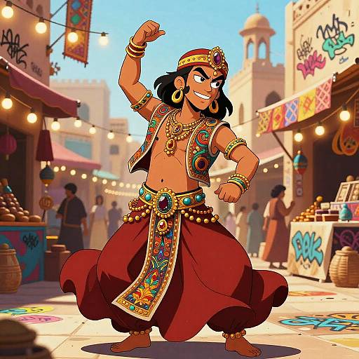 Digital cartoon of a confident, dark-skinned belly dancer with black hair, gold jewelry, red harem pants, and ornate vest in a vibrant