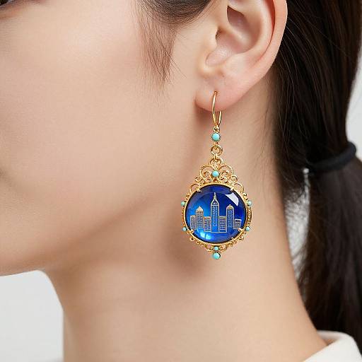 Photograph of a woman's ear wearing a gold pendant earring with a blue, cityscape-patterned gemstone and turquoise accents.