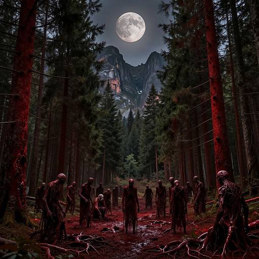 Photograph-like digital artwork of a moonlit forest with a full moon, tall trees, and a group of zombie-like figures standing in a blood-st
