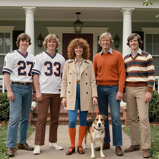 Group of Adults in 1970s Fashion with Dog Outside House