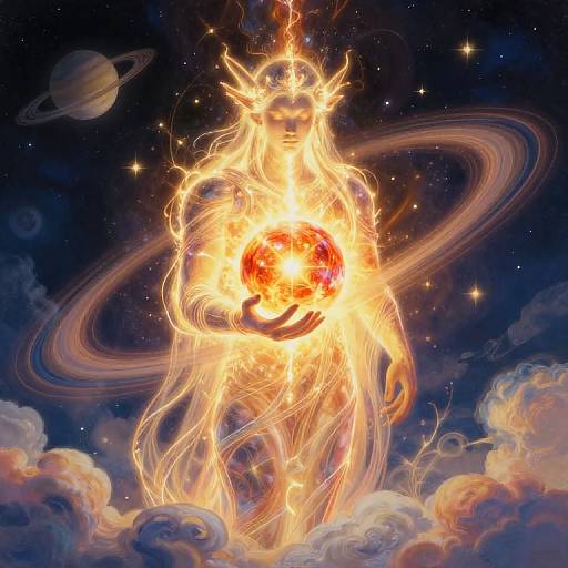 Digital art of a fiery, ethereal figure with glowing rings, holding a blazing sun, set against a cosmic night sky with planets and clouds.