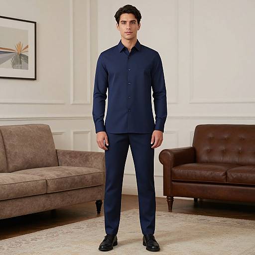 Photograph of a young man with short dark hair, wearing a dark blue button-up shirt and matching pants, standing in a modern living room with beige