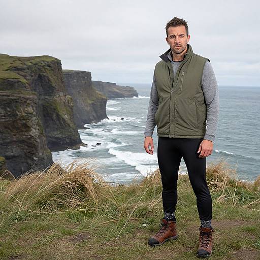 Photograph of a bearded man with short dark hair, wearing a green vest, gray shirt, black pants, and brown boots, standing on a