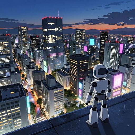 CGI image of a white, robotic figure standing on a rooftop, overlooking a vibrant, neon-lit cityscape at twilight.