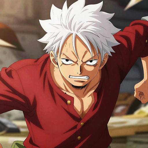 Digital anime-style drawing of a muscular, angry white-haired man in a red button-up shirt, pointing forward with clenched teeth. Background is a blurred