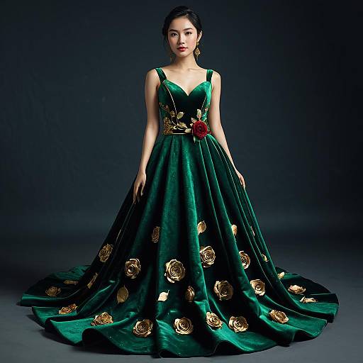 Emerald Velvet Rose-Petal Evening Gown