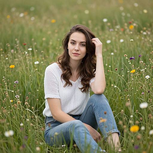 Woman Sitting in Flower Field