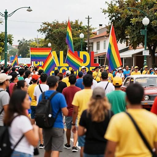 Photograph of a vibrant, diverse crowd marching in a street protest, holding rainbow flags, wearing yellow shirts, with trees and buildings in the background.