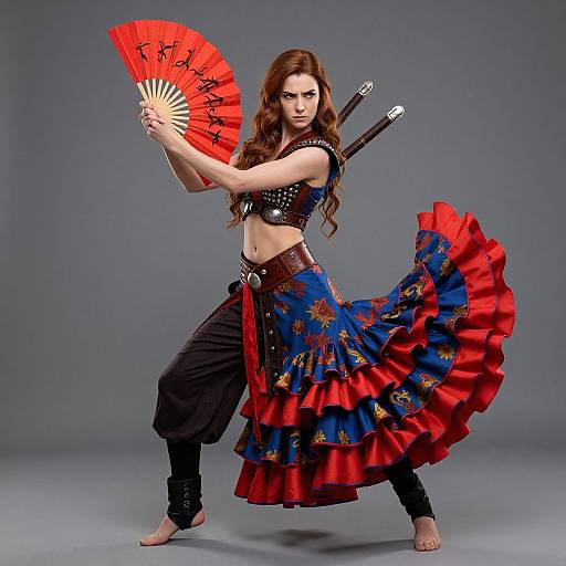 Photograph of a fierce, red-haired woman in traditional Japanese attire, holding a red fan, wearing a blue and red skirt, black pants, and
