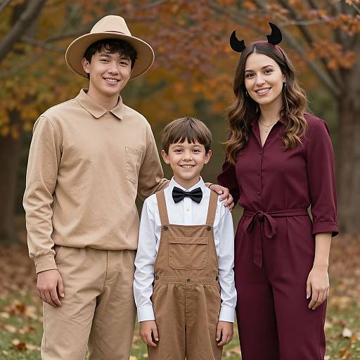 Photograph of a smiling family in autumn: man in beige outfit, woman in burgundy jumpsuit with black devil horns, and boy in brown over