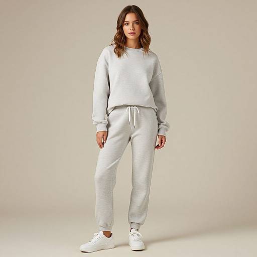 Photograph of a young woman with wavy brown hair, wearing a light gray sweatshirt and matching sweatpants, white sneakers, standing against a plain