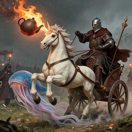 Digital fantasy artwork: armored knight in silver helmet rides white horse with a floating flaming teapot, a blue jellyfish mane, and battle backdrop.