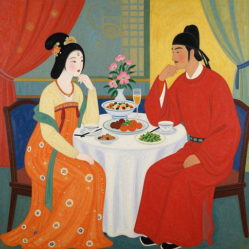 Traditional Asian painting of a black-haired couple in vibrant red and orange robes dining at a table with a floral centerpiece.