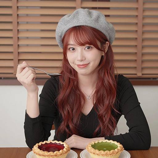 Asian woman enjoying berry and matcha pies
