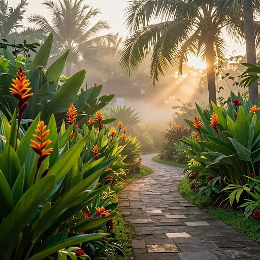 Photograph of a sunlit, misty tropical garden path lined with vibrant red and orange heliconias, tall palm trees, and lush greenery