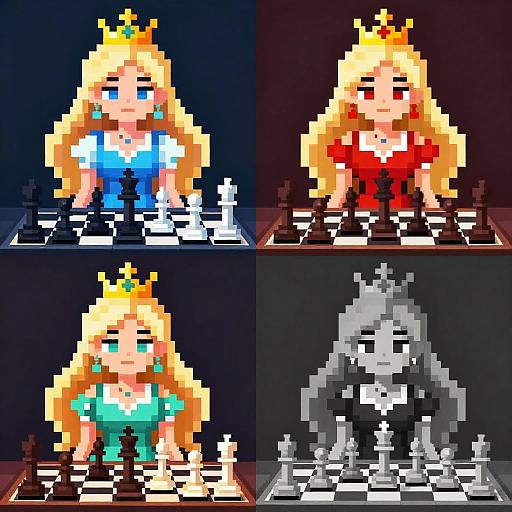 Pixel art of Princess Peach in four quadrants: blue dress, red dress, green dress, grayscale. Each quadrant with chessboard and black king.