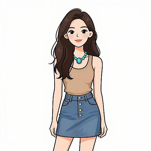 Digital drawing of a smiling young woman with long brown hair, wearing a beige tank top, blue button-up skirt, and turquoise necklace.
