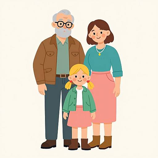Cartoon-style illustration of a gray-bearded grandfather in brown jacket, black-framed glasses, blue shirt; brown-haired mother in teal top, pink