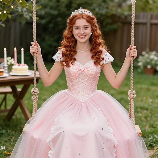 Photograph of a smiling red-haired girl with curly hair, wearing a pink princess dress, tiara, and lace cuffs, sitting on a rope swing