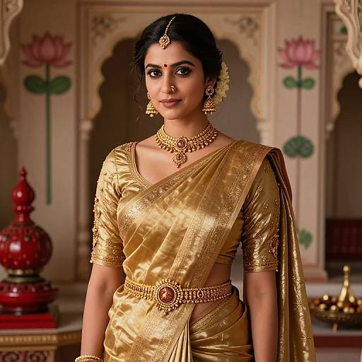 Photograph of a beautiful Indian woman in a golden traditional saree, adorned with intricate jewelry, standing in a ornately decorated room with floral wall paintings