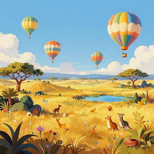 Vibrant digital illustration of a sunny African savanna with colorful hot air balloons, grazing antelopes, acacia trees, and bright blue sky