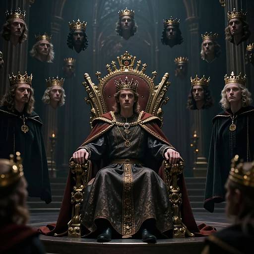 Photorealistic digital artwork of a stern, crowned king with long hair, dark robes, and ornate throne, surrounded by floating crowned faces in a